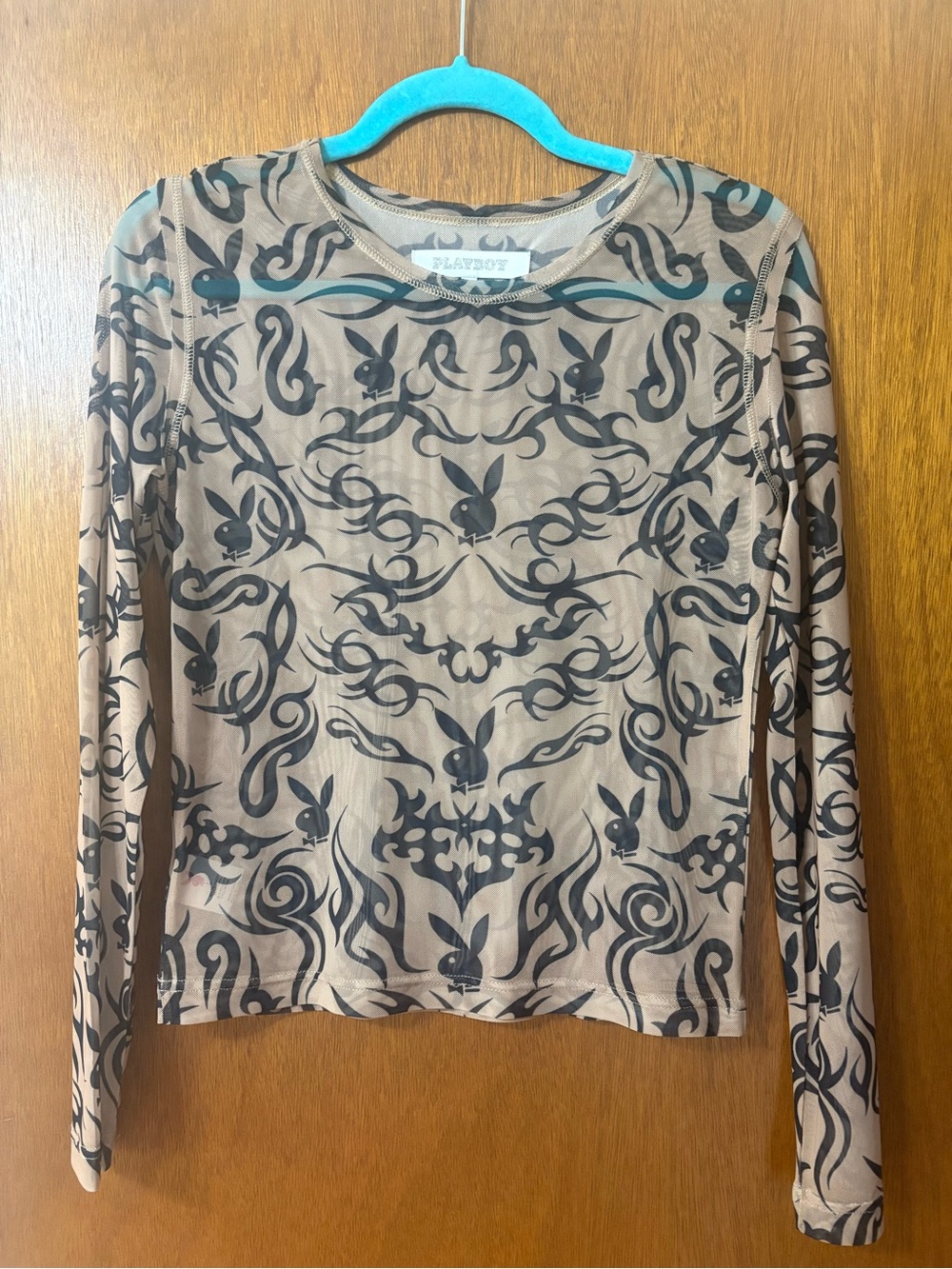 Playboy Long Sleeve Sheer Tribal Bunny Print Top! Size large